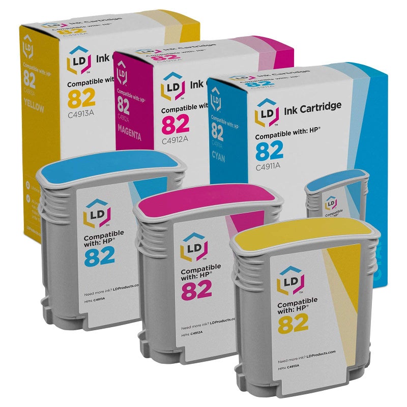 LD خراطيش حبر معاد تصنيعها من LD Products بديل لـ HP 82 (سماوي، أرجواني، أصفر، 3-pack) متوافقة مع DesignJet 500 500PS 510 800 800PS 815MFP 820MFP cc800ps - Image 1